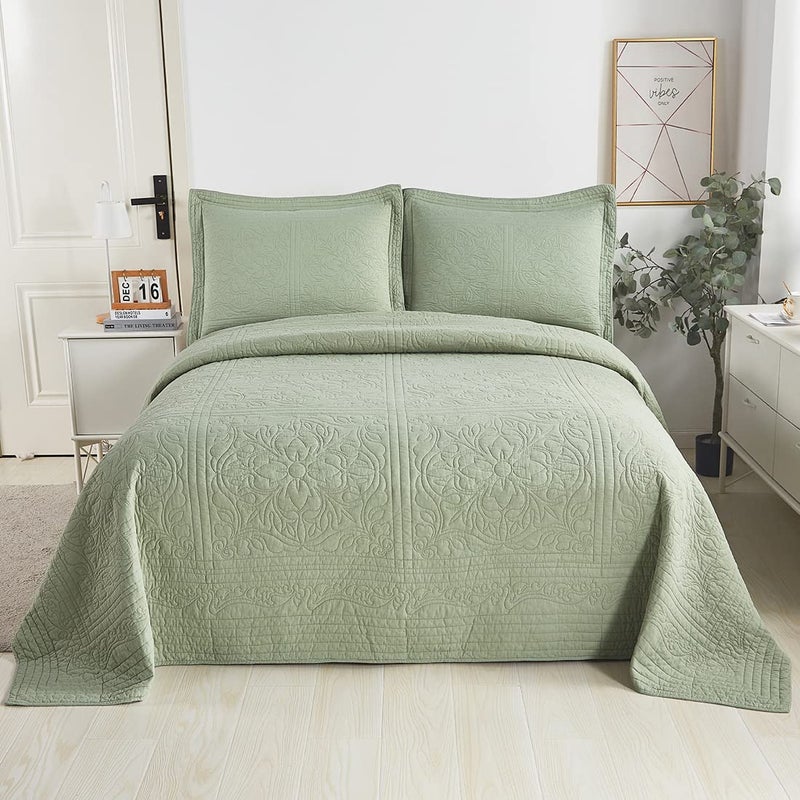 WINLIFE 100% Cotton Quilt Set Full/Queen Sage Green 98x90 Inch Embroidery Floral Coverlets Bedspread Sets Lightweight All Season Bedding Set Quilts with 2 Pillow Shams, Sage Green, Queen - Image 1